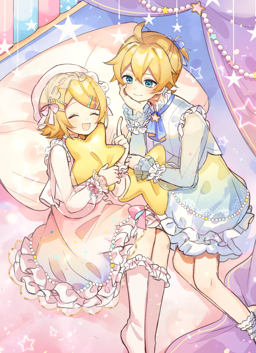1boy, 1girl, ascot, bed_sheet, blonde_hair, blue_ascot, blue_eyes, blue_ribbon