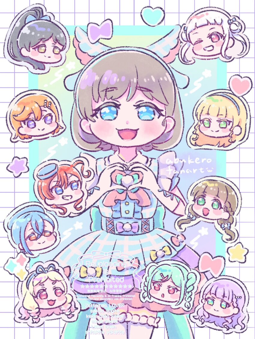 6+girls, :3, :d, ;d, abukero, animal_ear_hairband, animal_ears, aqua_hair, arashi_chisato, arched_bangs, artist_name, black_hair, blonde_hair, blue_dress, blue_eyes, blue_hair, blue_hairband, blue_hat, blunt_bangs, blush, blush_stickers, border, bow, bowtie, braid, braided_twintails, brown_hair, cat_ear_hairband, cat_ears, chibi, chibi_inset, closed_mouth, commentary, cross-laced_clothes, cross-laced_gloves, double_bun, dress, elbow_gloves, fake_animal_ears, frilled_dress, frills, gloves, gradient_background, gradient_hair, green_background, green_eyes, grey_outline, grid_border, grin, hair_between_eyes, hair_bun, hairband, half_up_braid, hat, hazuki_ren, head_only, heanna_sumire, heart, heart_hands, high_ponytail, highres, long_hair, love_live!, love_live!_superstar!!, low_twin_braids, low_twintails, medium_hair, multicolored_background, multicolored_hair, multiple_girls, official_alternate_costume, one_eye_closed, onitsuka_natsumi, onitsuka_tomari, open_mouth, orange_eyes, orange_hair, outline, outside_border, pink_bow, pink_bowtie, pink_hair, pink_outline, pixel_text, ponytail, purple_background, purple_eyes, purple_hair, red_eyes, red_hair, romaji_text, sakurakoji_kinako, shibuya_kanon, shirt, short_hair_with_long_locks, single_sidelock, smile, solo_focus, song_name, split_mouth, star_(symbol), swept_bangs, tang_keke, thighhighs, translation_request, twin_braids, twintails, wakana_shiki, white_border, white_gloves, white_shirt, white_thighhighs, wien_margarete, yellow_eyes, yoneme_mei, zettai_ryouiki, zettaiteki_lover