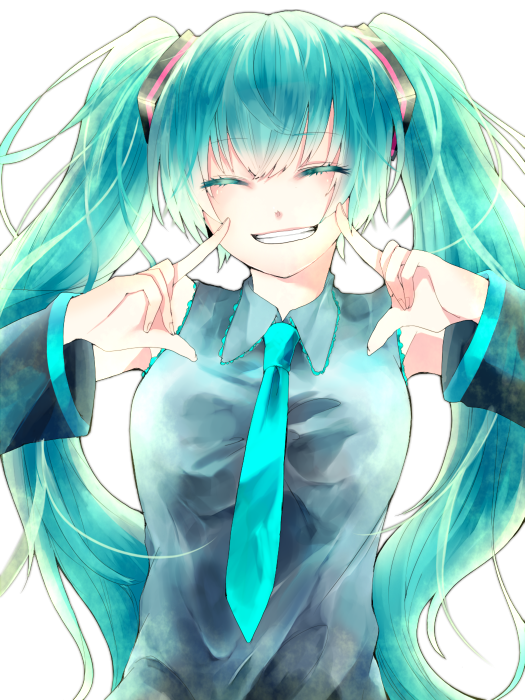 1girl, 2011_tohoku_earthquake_and_tsunami, aqua_hair, detached_sleeves, female_focus, fingersmile, grin, hatsune_miku, long_hair, necktie, smile, solo, twintails, vocaloid, yokomori_(mokoyo), yokomori_bitoo