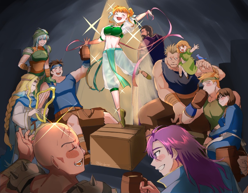 4girls, 6+boys, :d, absurdres, bald, beer_mug, closed_eyes, cup