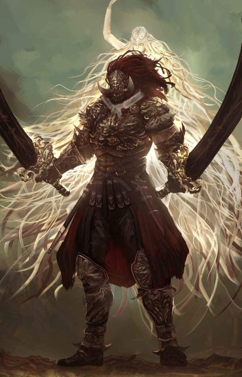 2boys, androgynous, arm_up, armor, blonde_hair, breastplate, carrying, circlet