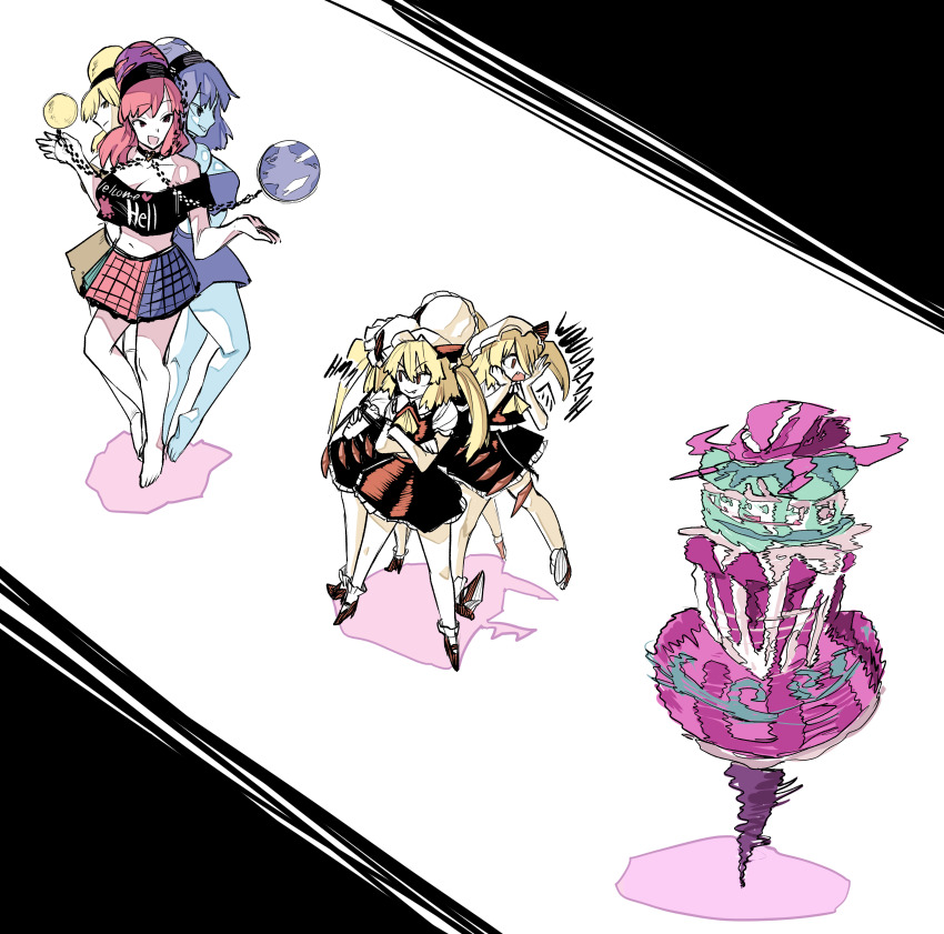 6+girls, absurdres, afterimage, ascot, axel_hi, barefoot, black_hat, black_shirt