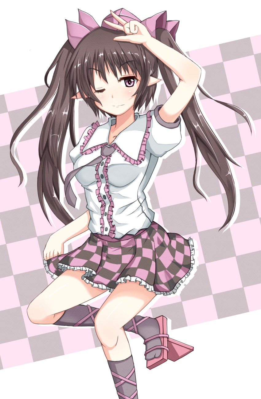 1girl, bad_id, bad_pixiv_id, bow, brown_hair, checkered_background, checkered_clothes, checkered_skirt