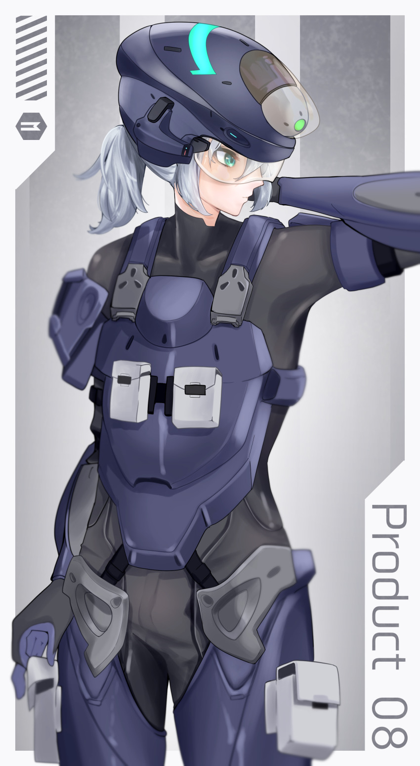1girl, absurdres, androgynous, android, arm_behind_head, armor, armor_strap, armored_bodysuit, black_bodysuit, black_gloves, blue_armor, blue_gloves, blue_helmet, bodysuit, breastplate, character_name, closed_mouth, commentary_request, english_text, eyelashes, gloves, goddess_of_victory:_nikke, gradient_background, green_eyes, grey_background, grey_hair, helmet, highres, leg_armor, looking_to_the_side, medium_hair, outside_border, ponytail, pouch, product_08_(nikke), radial_gradient_background, sake-sakanaya, science_fiction, shoulder_armor, sidelocks, solo, strap, thigh_pouch, two-tone_gloves