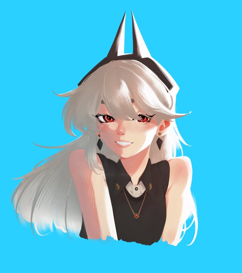 1girl, alternate_costume, aqua_background, artist_name, bare_shoulders, black_hairband, black_shirt, collared_shirt, commentary, cropped_torso, diamond_earrings, earrings, english_commentary, fortnite, gem, grey_hair, grin, hair_between_eyes, hairband, highres, horns, jewelry, lamborjenees, long_hair, looking_at_viewer, necklace, nose, pendant, princess_lexa, red_eyes, shirt, sidelocks, sleeveless, sleeveless_shirt, smile, solo, teeth, upper_body, watermark