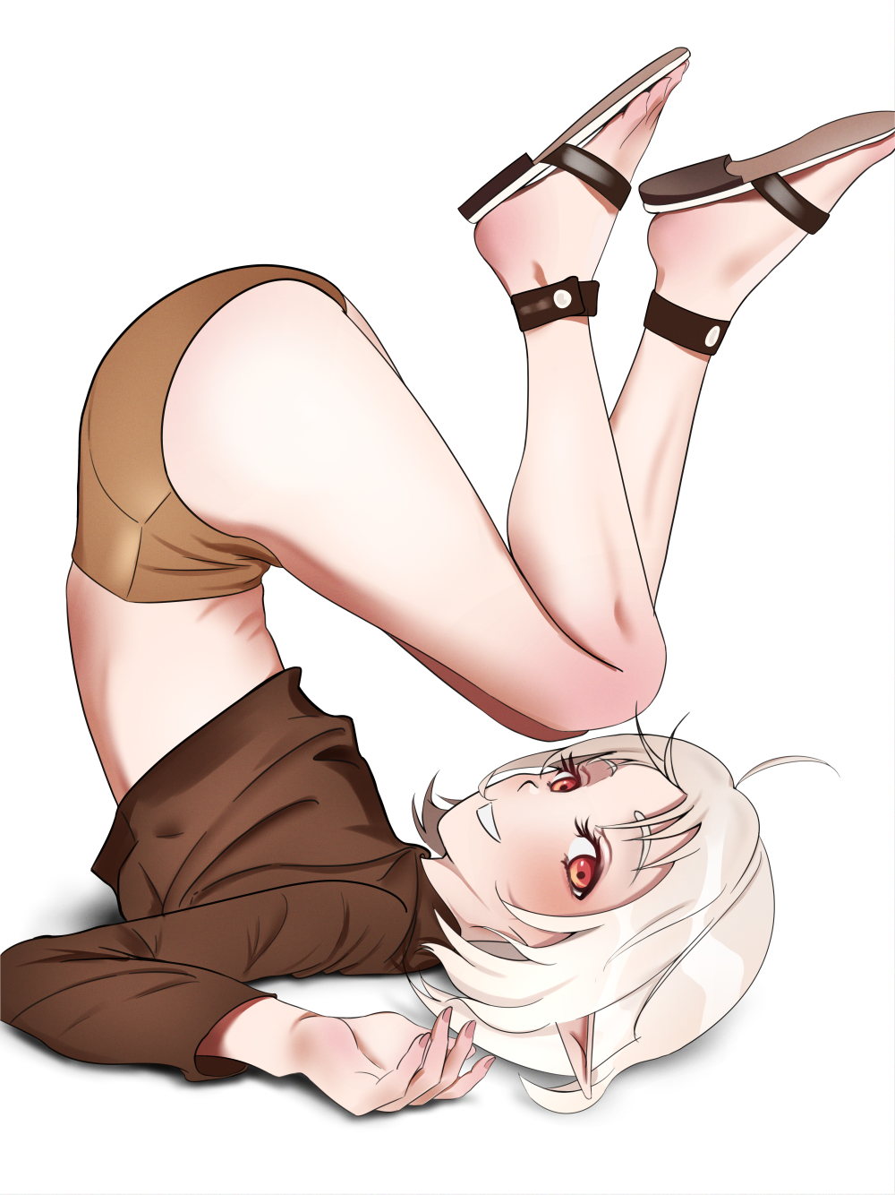 1girl, ahoge, ass, blush, brown_shirt, brown_shorts, clenched_teeth, elf, feet, full_body, highres, kaoru_puripuri, legs, long_sleeves, looking_at_viewer, mushoku_tensei, pointy_ears, red_eyes, sandals, shirt, short_hair, shorts, simple_background, smile, solo, sylphiette_(mushoku_tensei), teeth, thighs, upside-down, white_background, white_hair