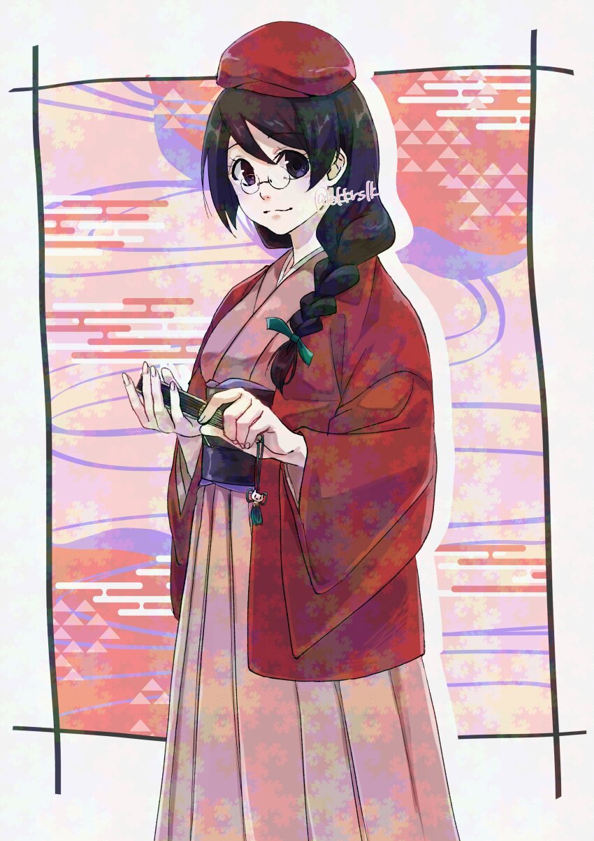 1girl, absurdres, animal_charm, beret, black_hair, braid, cat_charm, charm_(object)