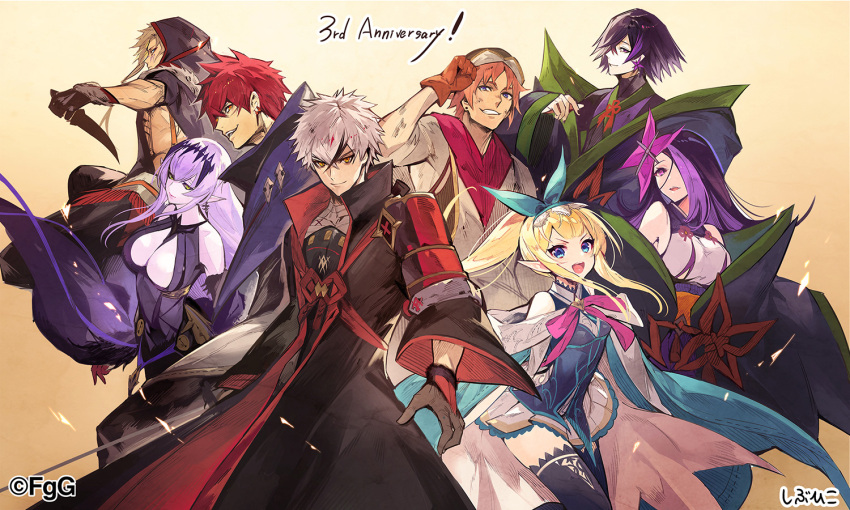 3girls, 5boys, :d, anniversary, armor, artist_name, bare_shoulders, black_hair, blonde_hair, blue_eyes, closed_mouth, copyright_notice, creto_(ta_ga_tame_no_alchemist), crossed_bangs, elf, floating_hair, gloves, gradient_background, grey_hair, hair_behind_ear, hair_between_eyes, holding, holding_sword, holding_weapon, hood, hood_up, hugo_(ta_ga_tame_no_alchemist), ines_(ta_ga_tame_no_alchemist), katana, laetitia_(ta_ga_tame_no_alchemist), long_hair, looking_at_viewer, lucian_(ta_ga_tame_no_alchemist), multicolored_hair, multiple_boys, multiple_girls, official_art, open_mouth, pointy_ears, ponytail, profile, purple_eyes, purple_hair, red_hair, reida_(ta_ga_tame_no_alchemist), reido_(ta_ga_tame_no_alchemist), second-party_source, shibuhiko, short_hair, short_sword, shoulder_armor, signature, simple_background, smile, strauss_(ta_ga_tame_no_alchemist), streaked_hair, sword, ta_ga_tame_no_alchemist, weapon