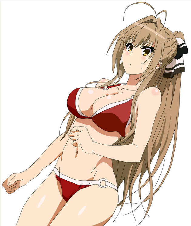 1girl, amagi_brilliant_park, antenna_hair, bikini, breasts, brown_eyes, cleavage, collarbone