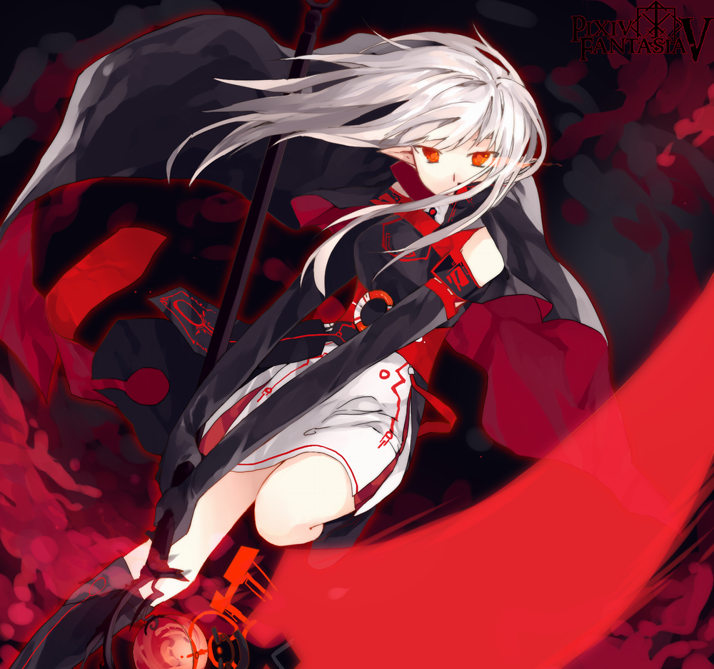 1girl, cape, elf, female_focus, long_hair, orange_eyes, pixiv_fantasia, pixiv_fantasia_5