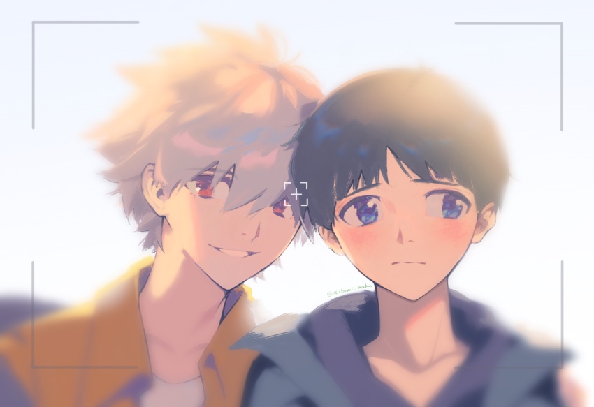 2boys, arm_around_shoulder, averting_eyes, bloom, blue_eyes, blush, brown_hair, collarbone