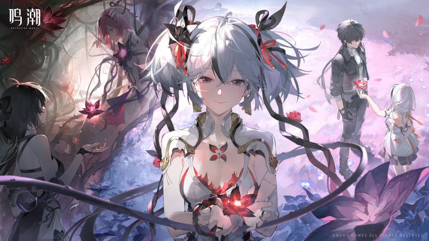 1girl, aged_down, black_flower, black_footwear, black_gloves, black_jacket, black_pants, blake_bloom_(wuthering_waves), breasts, camellya_(wuthering_waves), chinese_commentary, closed_mouth, collar, collared_jacket, commentary_request, copyright_notice, dual_persona, earrings, female_rover_(wuthering_waves), flower, flower_on_chest, gloves, gold_earrings, grey_shirt, hair_between_eyes, hair_flower, hair_ornament, hair_ribbon, hair_vines, hand_up, highres, jacket, jewelry, li_shuwen_(bar-troia)_(fate), li_shuwen_(old)_(fate), logo, looking_at_viewer, male_rover_(wuthering_waves), medium_breasts, pangu_terminal_(wuthering_waves), pants, petals, red_flower, red_petals, red_ribbon, ribbon, rover_(wuthering_waves), shirt, short_hair, sleeves_rolled_up, smile, solo, tacet_mark_(wuthering_waves), white_collar, white_hair, wuthering_waves