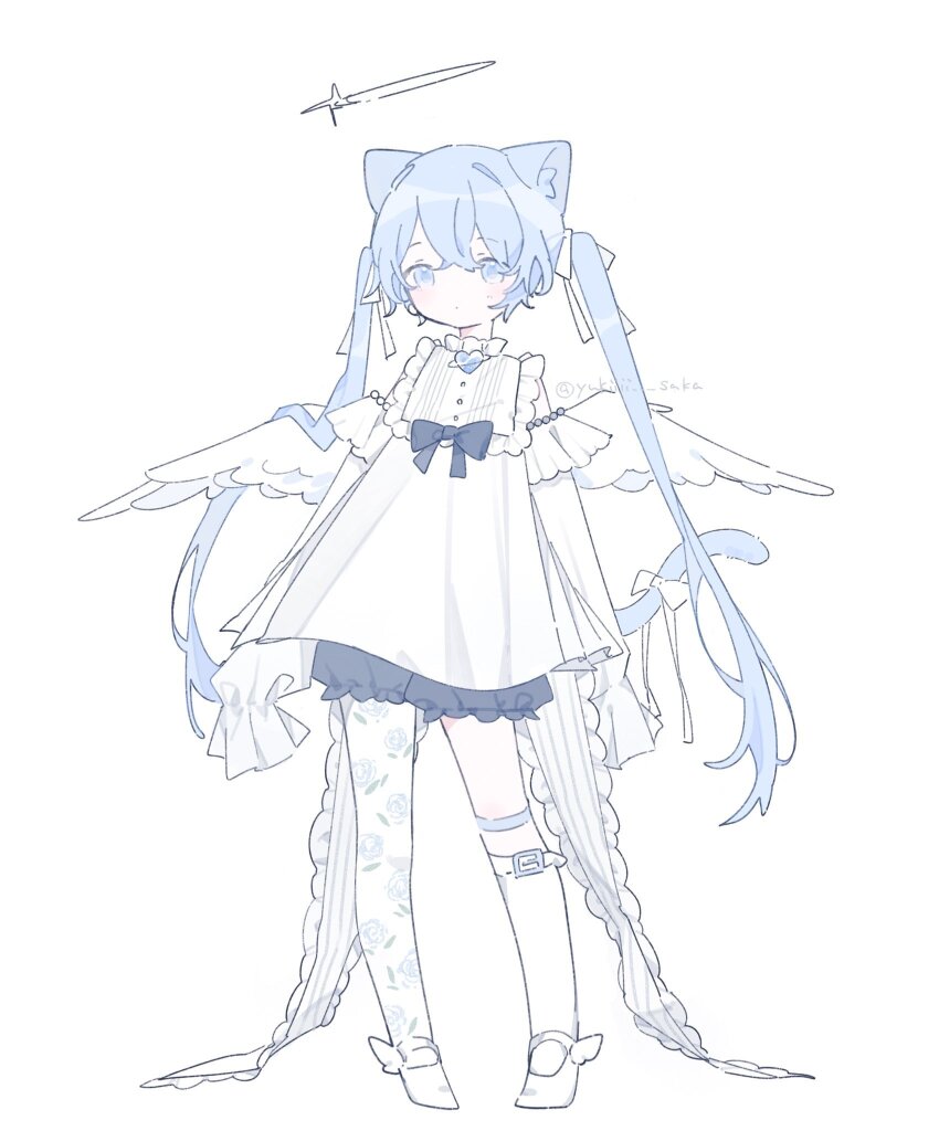 1girl, angel, animal_ears, asymmetrical_legwear, blue_eyes, blue_hair, blue_theme, bow