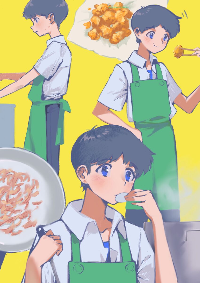1boy, absurdres, apron, black_pants, blue_eyes, brown_hair, chicken_(food), chopsticks