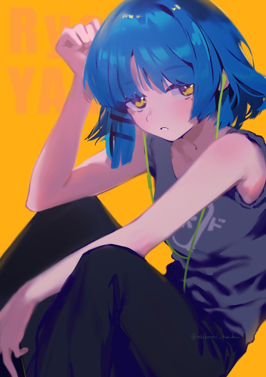 1girl, absurdres, alternate_costume, black_bow, blue_hair, bocchi_the_rock!, bow, character_name, earphones, grey_shirt, hair_ornament, hairclip, highres, kessoku_band_logo, kessoku_band_t-shirt, looking_at_viewer, mole, mole_under_eye, parted_lips, shirt, short_hair, sleeves_rolled_up, solo, tsubomi_haku, yamada_ryo, yellow_background, yellow_eyes