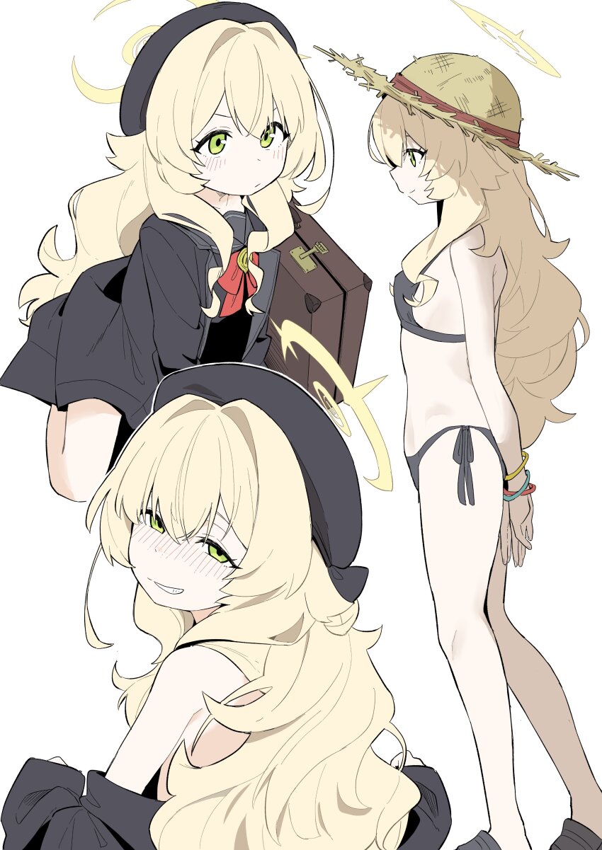 1girl, absurdres, arms_behind_back, bikini, black_bikini, black_coat, black_footwear, black_hat