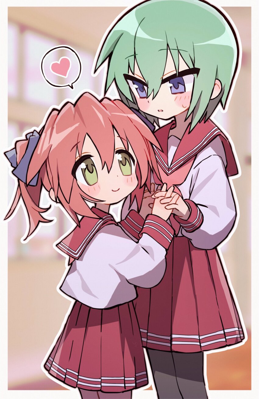 2girls, black_pantyhose, blurry, blurry_background, blush, green_eyes, green_hair, hair_between_eyes, hair_ribbon, heart, highres, holding_hands, iwasaki_minami, kobayakawa_yutaka, long_sleeves, lucky_star, multiple_girls, neckerchief, pantyhose, pleated_skirt, red_hair, red_sash, red_skirt, ribbon, ryouou_school_uniform, sailor_collar, sanomaru_yuruta, sash, school_uniform, serafuku, short_hair, skirt, spoken_heart, sweat, twintails