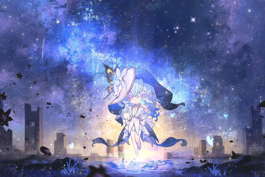 1girl, blue_butterfly, blue_hair, bug, building, butterfly, chibi, closed_mouth