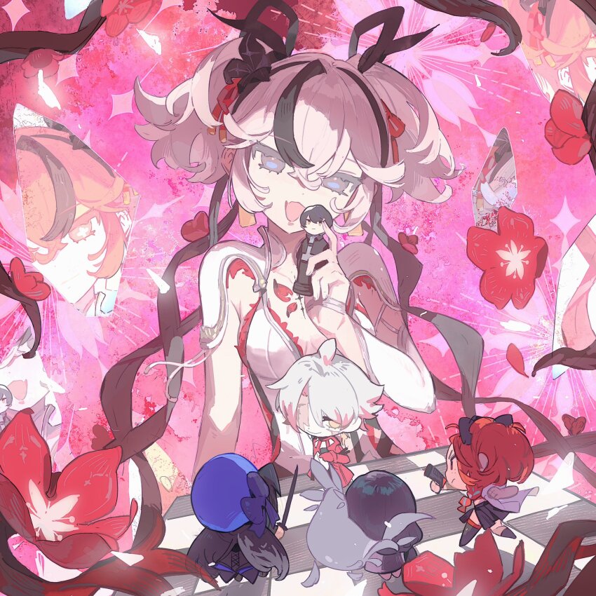 1boy, 4girls, baizhi_(wuthering_waves), black_flower, black_hair, black_ribbon, blake_bloom_(wuthering_waves), blue_eyes, blue_hat, breasts, broken_glass, camellya_(wuthering_waves), chess_piece, chessboard, chibi, chibi_inset, chixia_(wuthering_waves), closed_mouth, coat, collar, different_reflection, earrings, flower, flower_on_chest, fukurou_(linxiao_2024), glass, gold_earrings, hair_between_eyes, hair_flower, hair_ornament, hair_vines, hat, highres, holding, holding_chess_piece, jewelry, looking_at_viewer, male_rover_(wuthering_waves), medium_breasts, multiple_girls, open_mouth, red_coat, red_flower, red_hair, red_ribbon, reflection, ribbon, rover_(wuthering_waves), scar_(wuthering_waves), short_hair, smile, tacet_mark_(wuthering_waves), watermark, weibo_watermark, white_collar, white_hair, wuthering_waves, yangyang_(wuthering_waves), yellow_eyes, you'tan_(wuthering_waves)