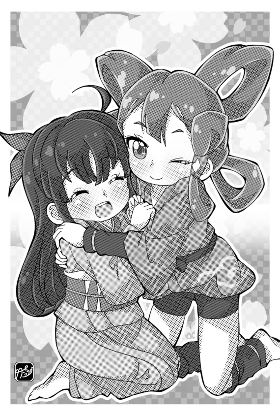 2girls, blush, closed_eyes, commentary_request, greyscale, hair_rings, hug, mizura