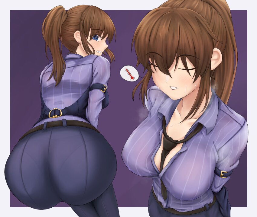1girl, arm_strap, ass, ass_focus, bartender, belt, black_belt, black_necktie