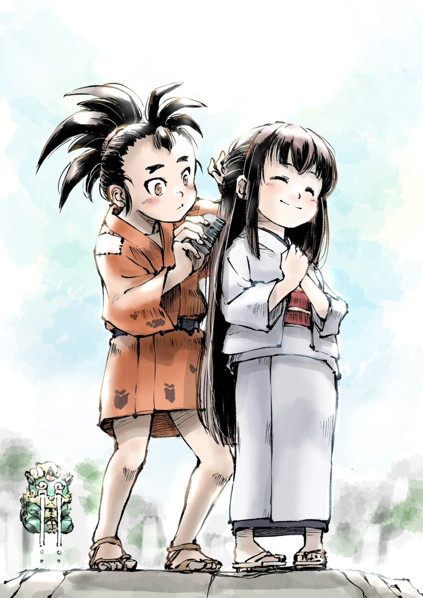 1boy, 1girl, black_hair, blush, brown_eyes, brushing_another's_hair, brushing_hair, closed_eyes