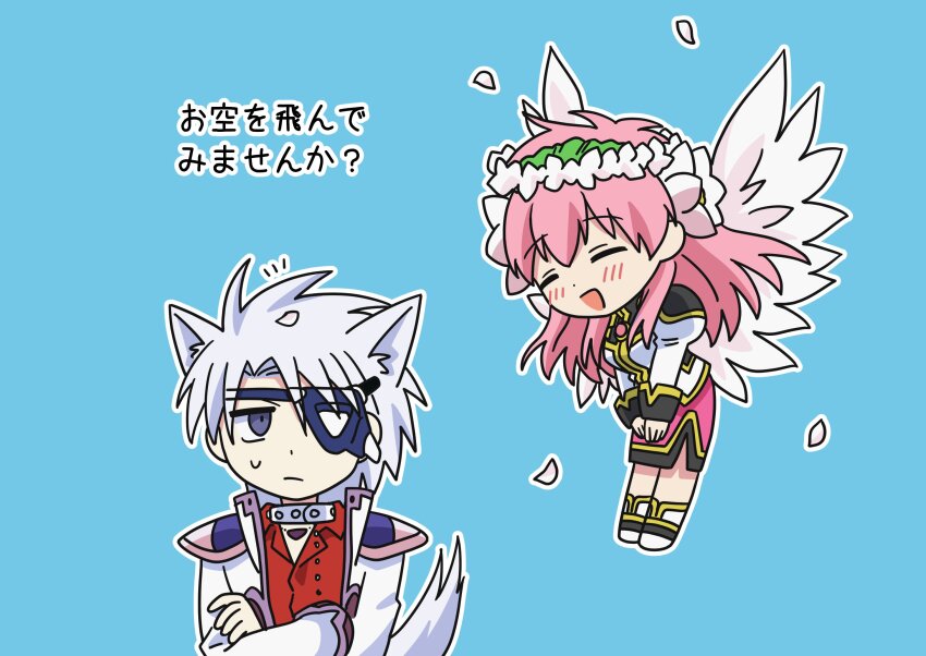 1boy, 1girl, angel_wings, animal_ears, armor, blue_eyes, blush, chibi