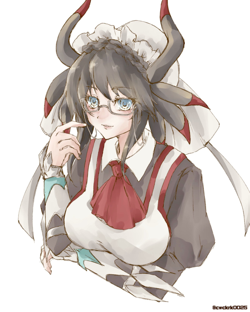 1girl, apron, black_hair, blue_eyes, breast_lift, breasts, dragon_girl, dragon_horns