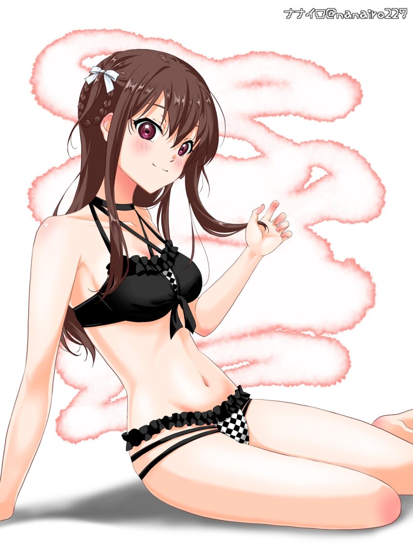 1girl, 22/7, artist_name, barefoot, bikini, black_bikini, blush, bow