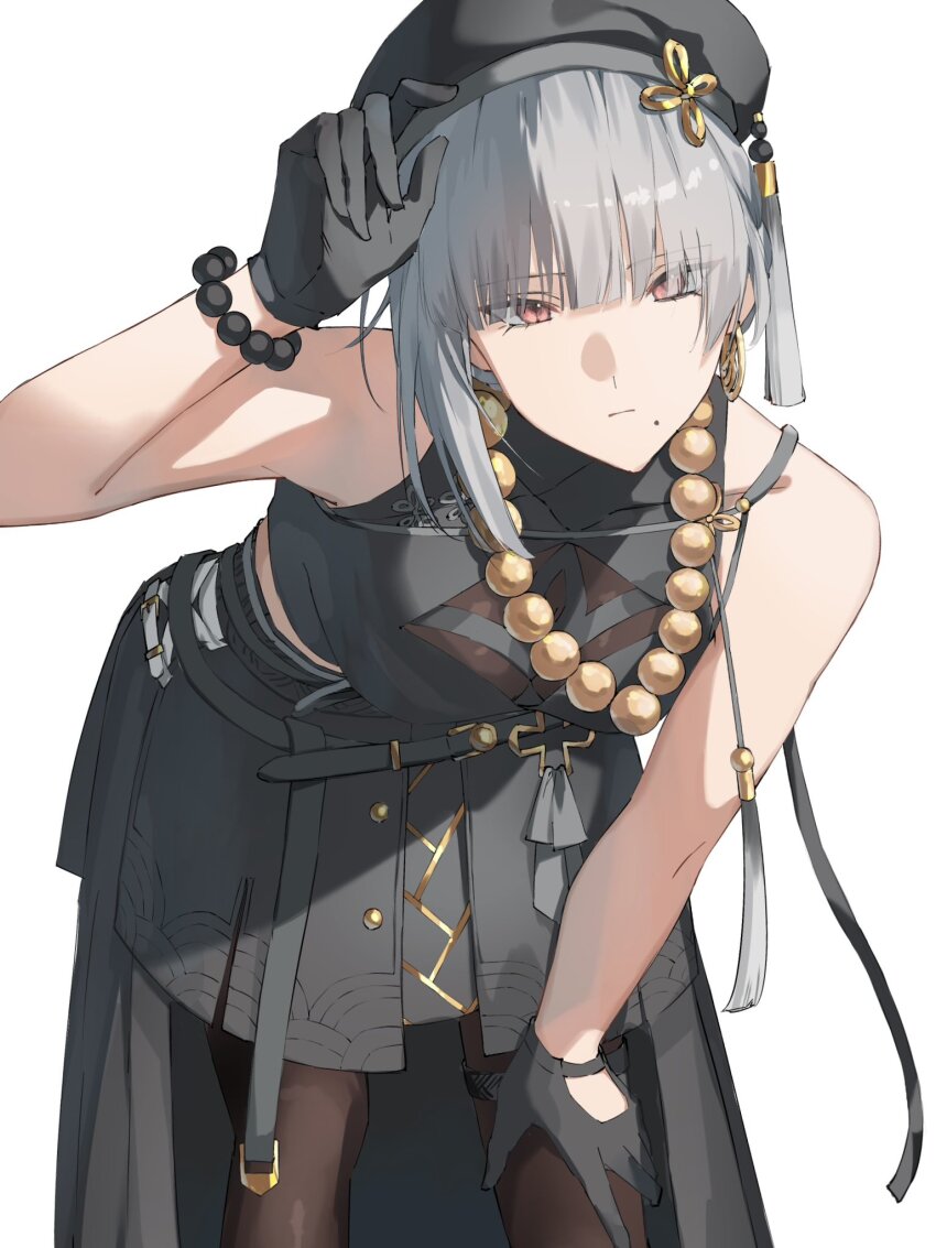 1girl, bare_shoulders, bead_bracelet, bead_necklace, beads, beret, black_hat, black_pantyhose