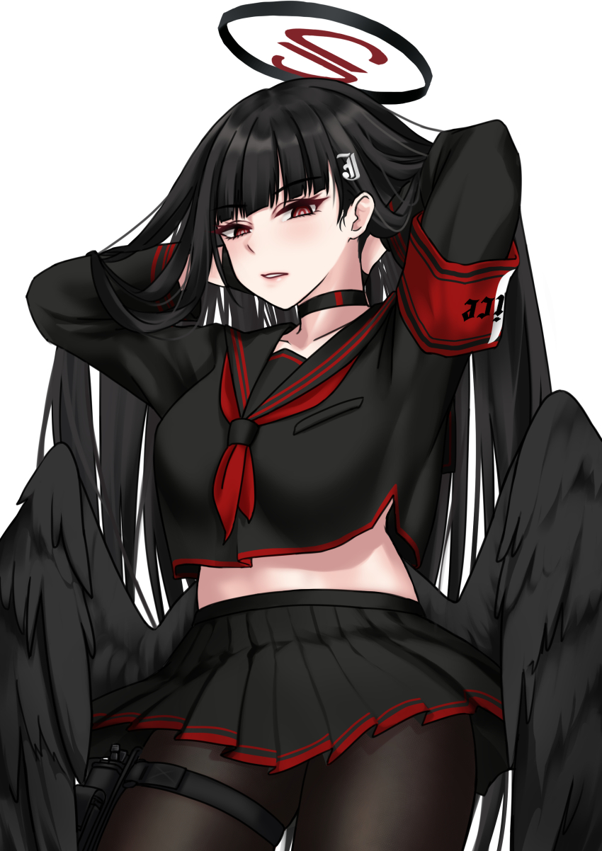 absurdres, black_choker, black_gloves, black_hair, black_pantyhose, black_serafuku, black_skirt, black_wings