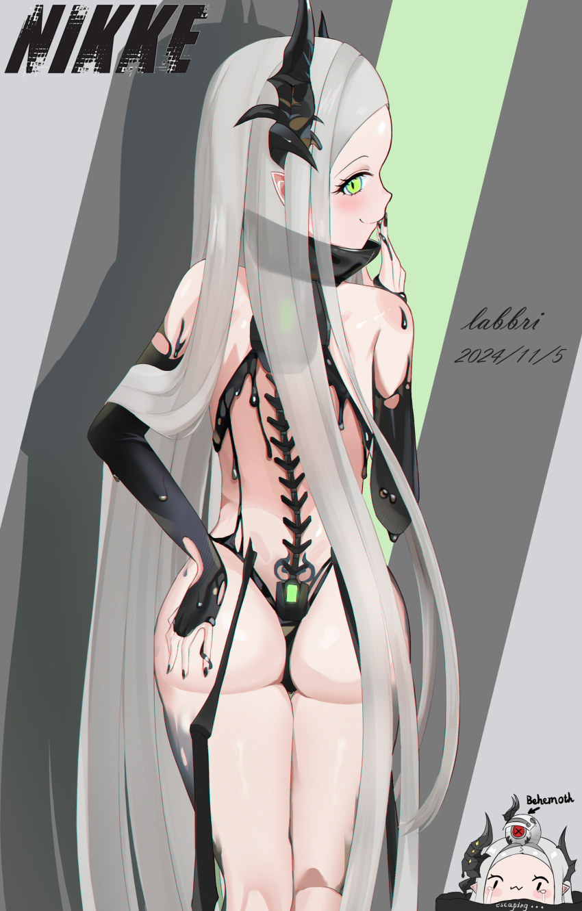 1girl, absurdres, ass, bare_shoulders, blush, bridal_gauntlets, come_hither, from_behind