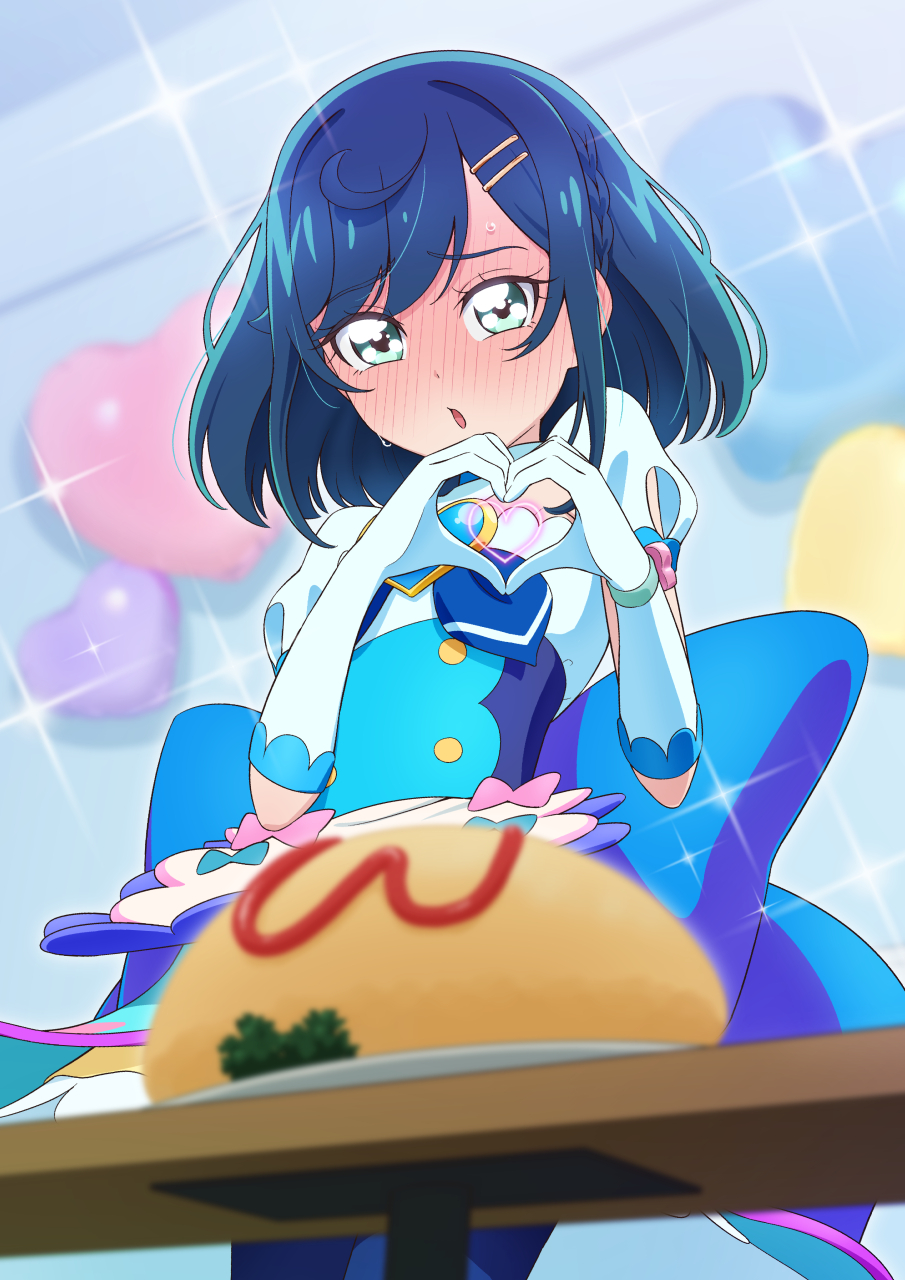 1girl, apron, aqua_eyes, back_bow, blue_bow, blue_bowtie, blue_gloves, blue_hair