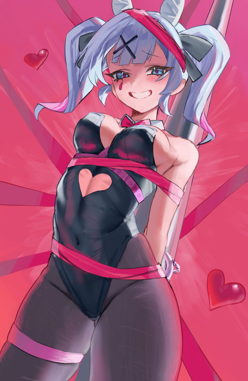 1girl, arms_behind_back, black_leotard, bound, clothing_cutout, cuffs, handcuffs, hatsune_miku