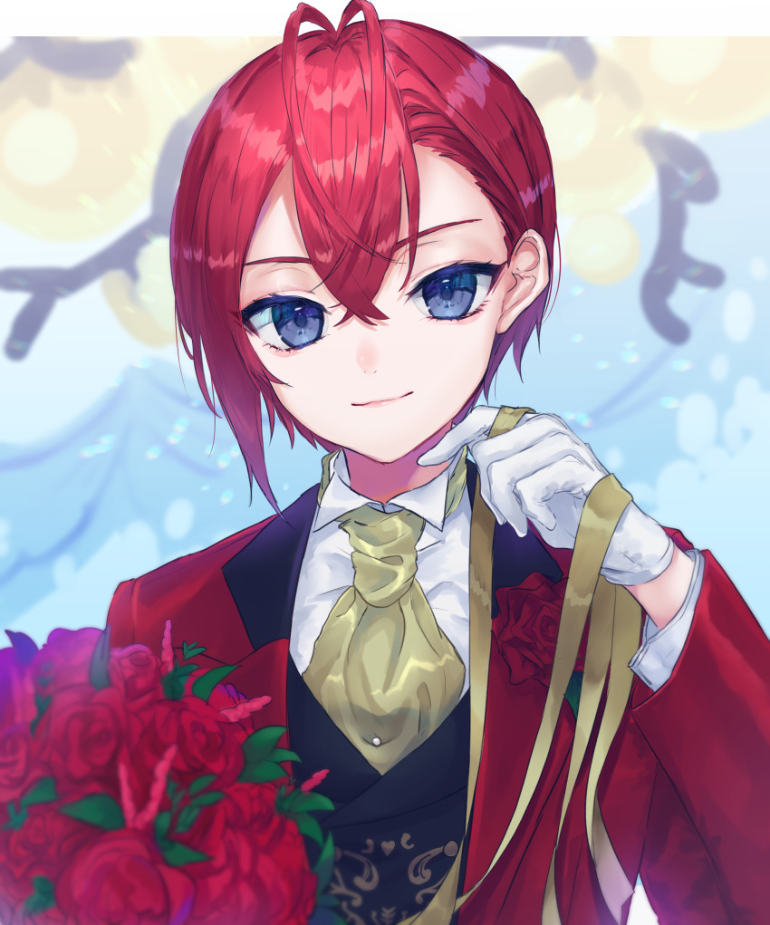 1boy, :3, ahoge, ascot, asymmetrical_hair, black_vest, blue_eyes, blurry