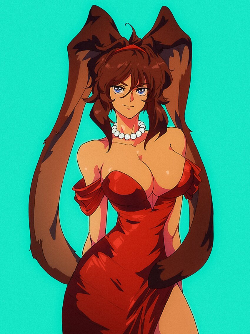 1980s_(style), 1girl, absurdres, animal_ears, aqua_background, arms_behind_back, babs_(battle_athlete), bare_legs