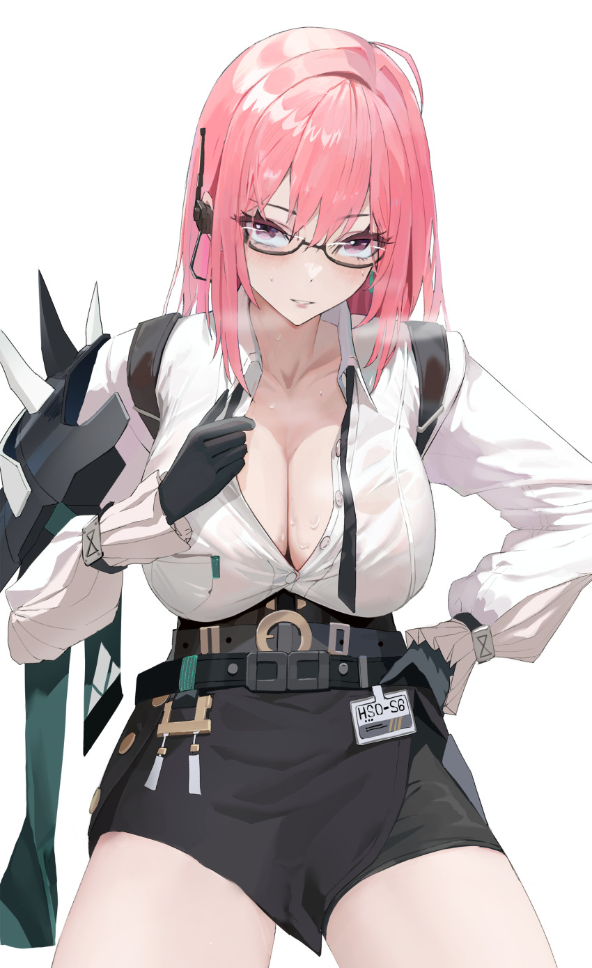 0dd, 1girl, absurdres, black-framed_eyewear, black_gloves, black_skirt, breasts, cleavage