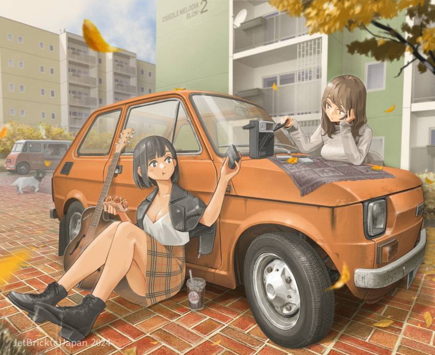 2024, 2girls, apartment, artist_name, autumn, black_hair, black_jacket, bob_cut