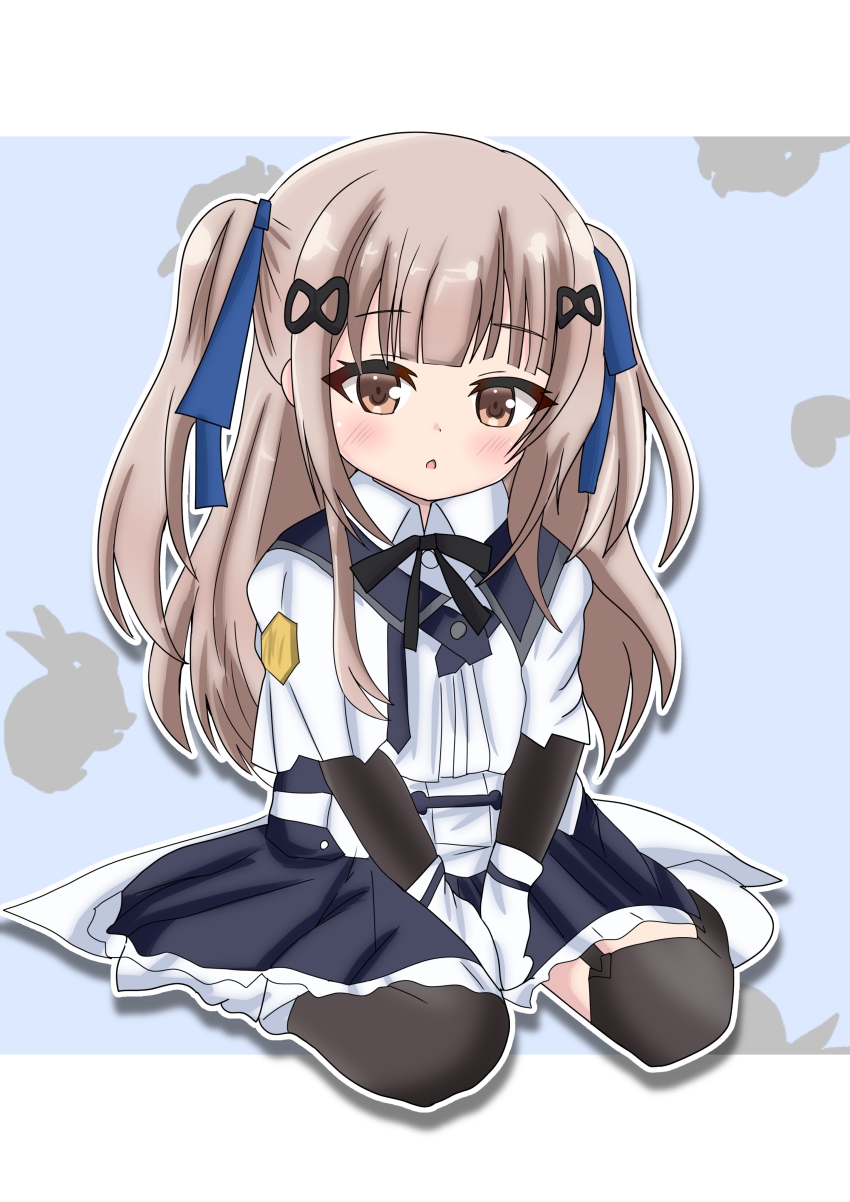 1girl, absurdres, aged_down, assault_lily, between_legs, black_ribbon, black_skirt, black_thighhighs