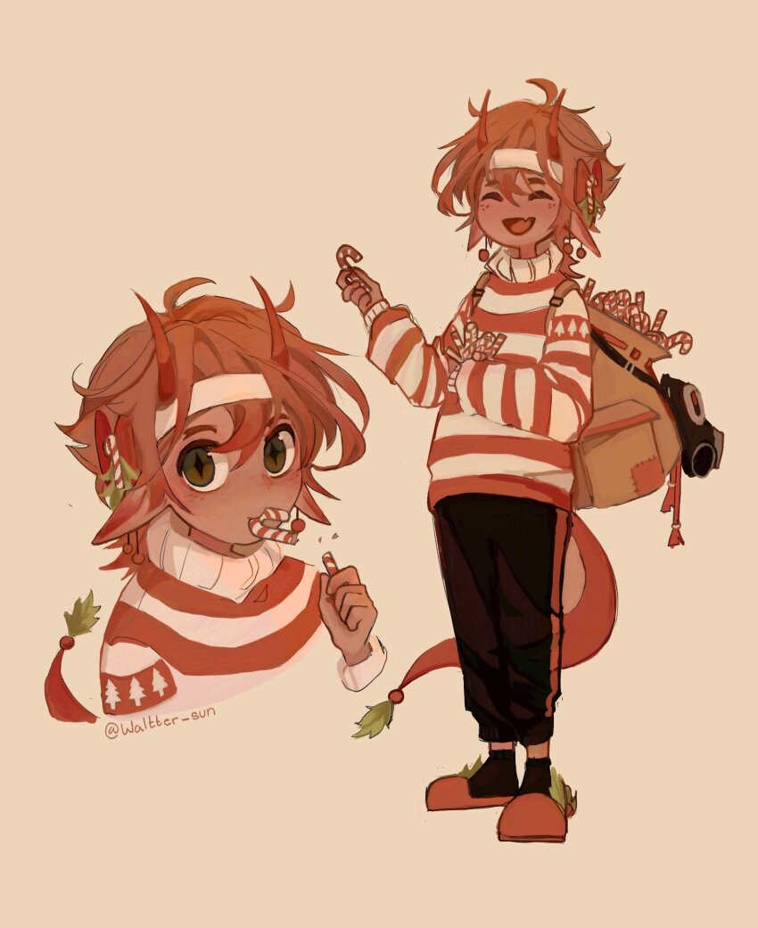 1boy, ^_^, ahoge, androgynous, animification, backpack, bag, bow, candy, candy_cane, child, christmas, christmas_sweater, closed_eyes, commentary_request, dark-skinned_male, dark_skin, dragon_boy, dragon_horns, dragon_tail, eating, food, green_eyes, hair_bow, headband, highres, holding, holding_candy, holding_candy_cane, holding_food, holly, horns, looking_at_viewer, male_focus, minecraft_youtube, multiple_views, orange_hair, pepito, personification, pointy_ears, quackity_smp, red_bow, short_hair, spanish_commentary, standing, star-shaped_pupils, star_(symbol), symbol-shaped_pupils, tail, waltter_sun, white_headband