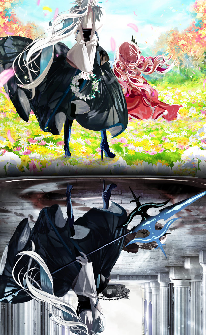 2girls, absurdres, antinese, baobhan_sith_(fate), baobhan_sith_(first_ascension)_(fate), black_dress, blood, boots, different_reflection, dress, fate/grand_order, fate_(series), field, flower, flower_field, flower_wreath, from_behind, hair_ornament, highres, holding, holding_staff, long_hair, morgan_le_fay_(fate), mother_and_child, mother_and_daughter, multiple_girls, parent_and_child, pink_hair, pond, ponytail, red_dress, reflection, staff, thigh_boots, water, white_hair