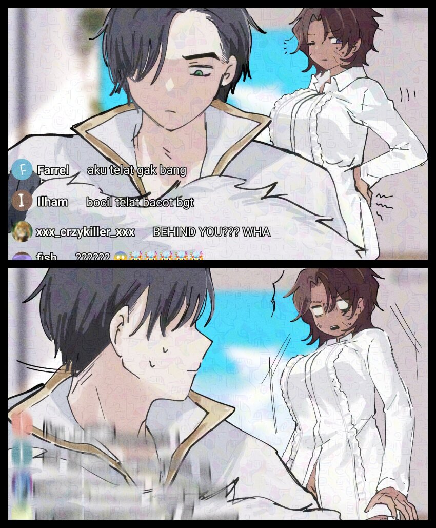 1boy, 1girl, adversarial_noise, black_hair, breasts, center_frills, closed_mouth, frills