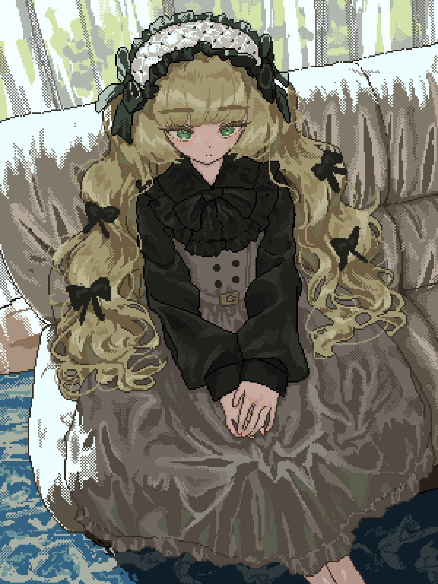 1girl, black_bow, black_shirt, blonde_hair, blouse, blunt_bangs, bow, buttons