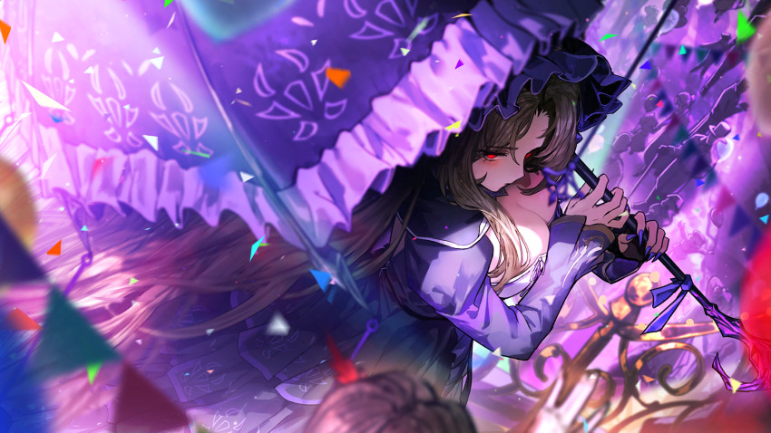 1boy, 1girl, balloon, black_hair, blurry, blurry_background, blurry_foreground, bonnet