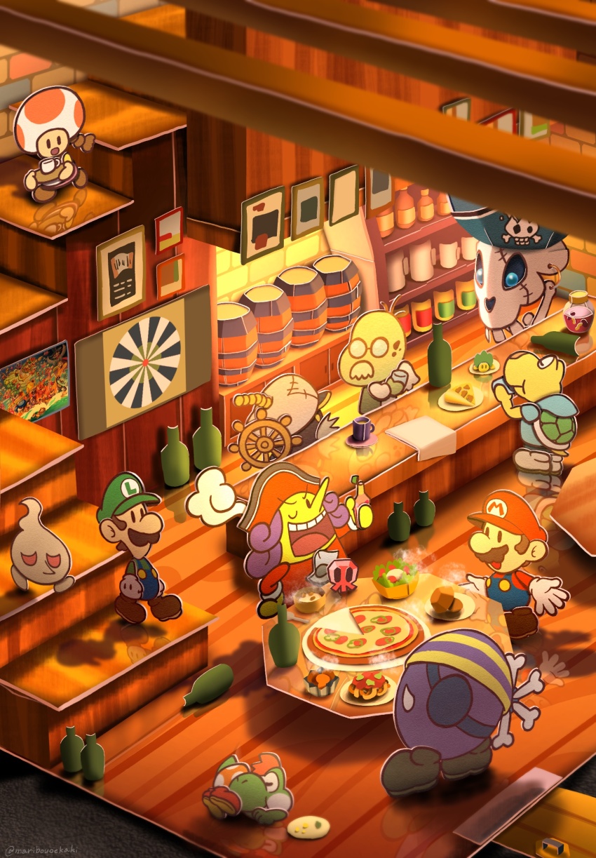 admiral_bobbery, artist_name, barrel, blue_overalls, brown_footwear, newsboy_cap, cortez, eyepatch