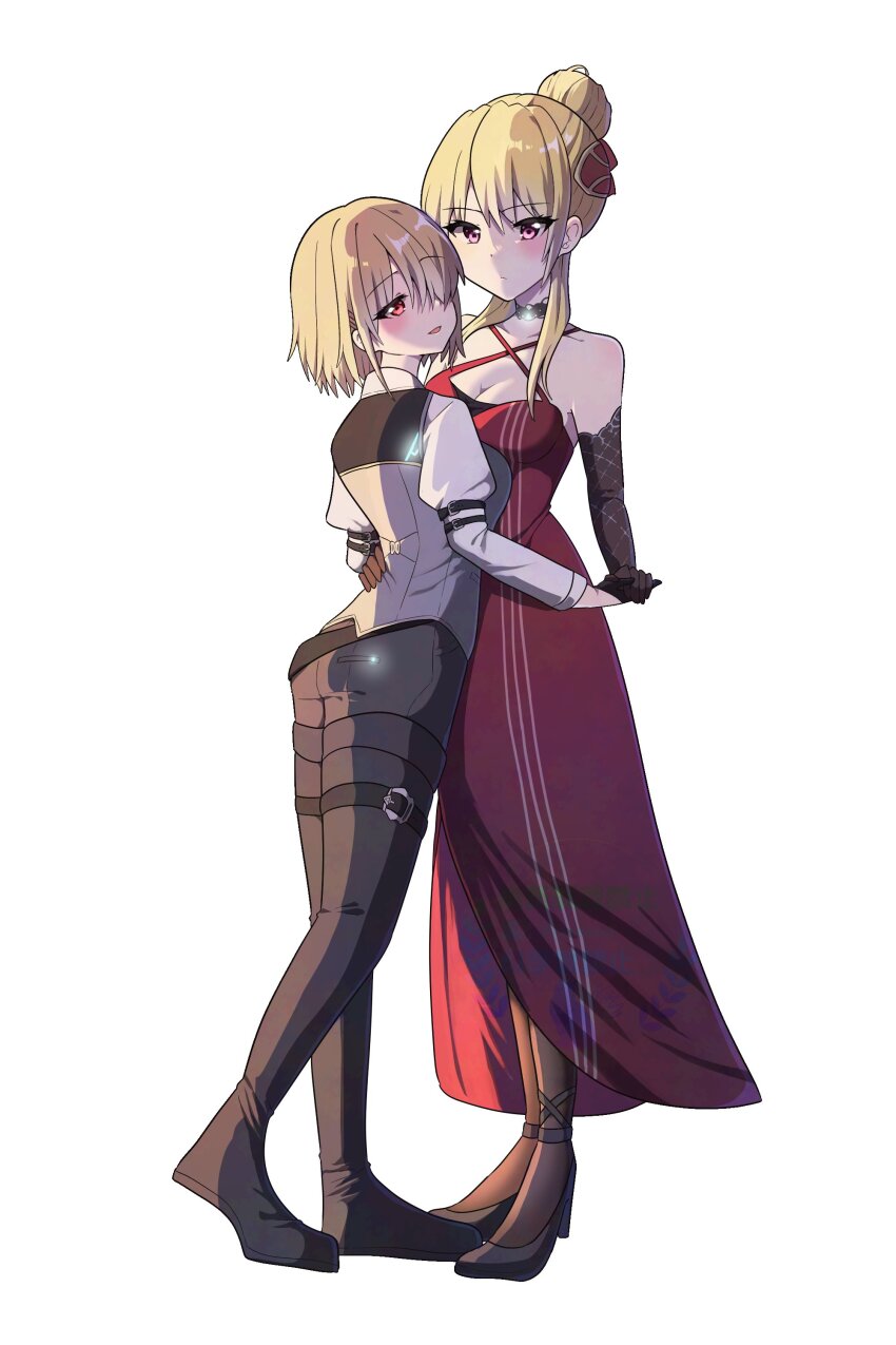 2girls, absurdres, blonde_hair, breasts, dress, evening_gown, hair_over_one_eye, hand_grab