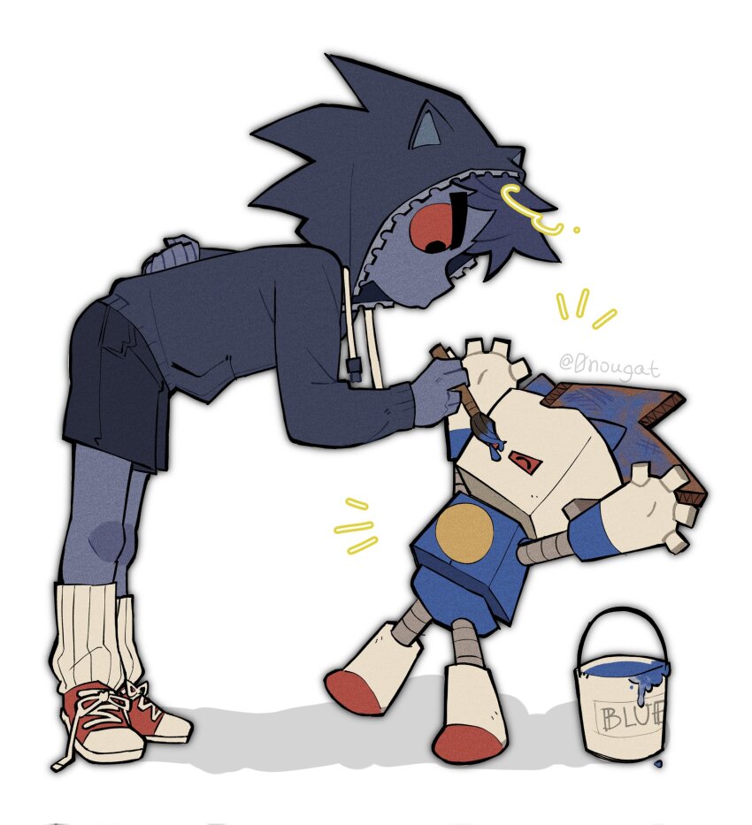 0nougat, 1boy, 1other, animal_ears, arms_up, black_shorts, colored_skin, commentary