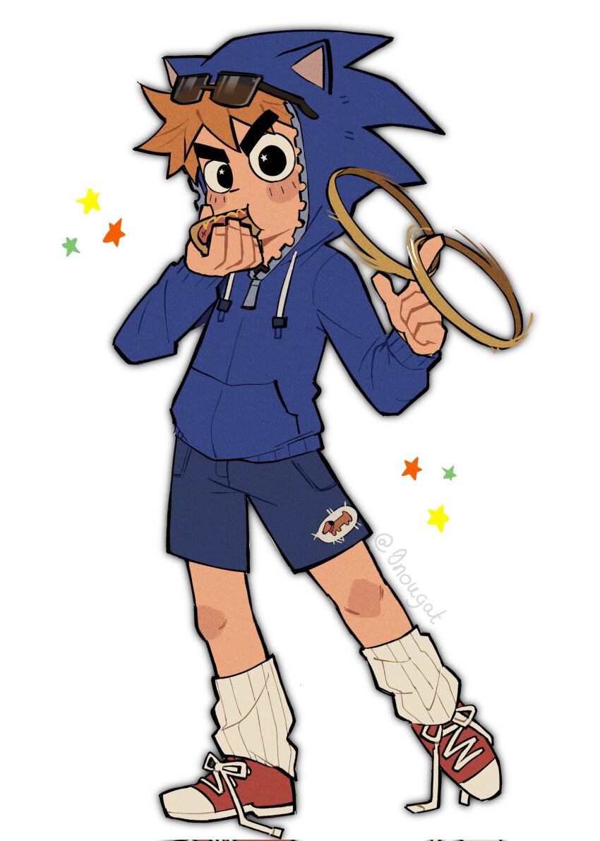 0nougat, 1boy, animal_ears, black_eyes, blue_hoodie, blue_shorts, corrupted_twitter_file, cosplay, eating, eyewear_on_head, fake_animal_ears, full_body, highres, hood, hood_up, hoodie, hot_dog, looking_at_viewer, loose_socks, male_focus, orange_hair, red_shoes, ring_(sonic), scott_pilgrim, scott_pilgrim_(series), shoes, short_hair, shorts, simple_background, sneakers, socks, solo, sonic_(series), sonic_the_hedgehog, sonic_the_hedgehog_(cosplay), spinning, standing, star_(symbol), sunglasses, thick_eyebrows, white_background, white_socks