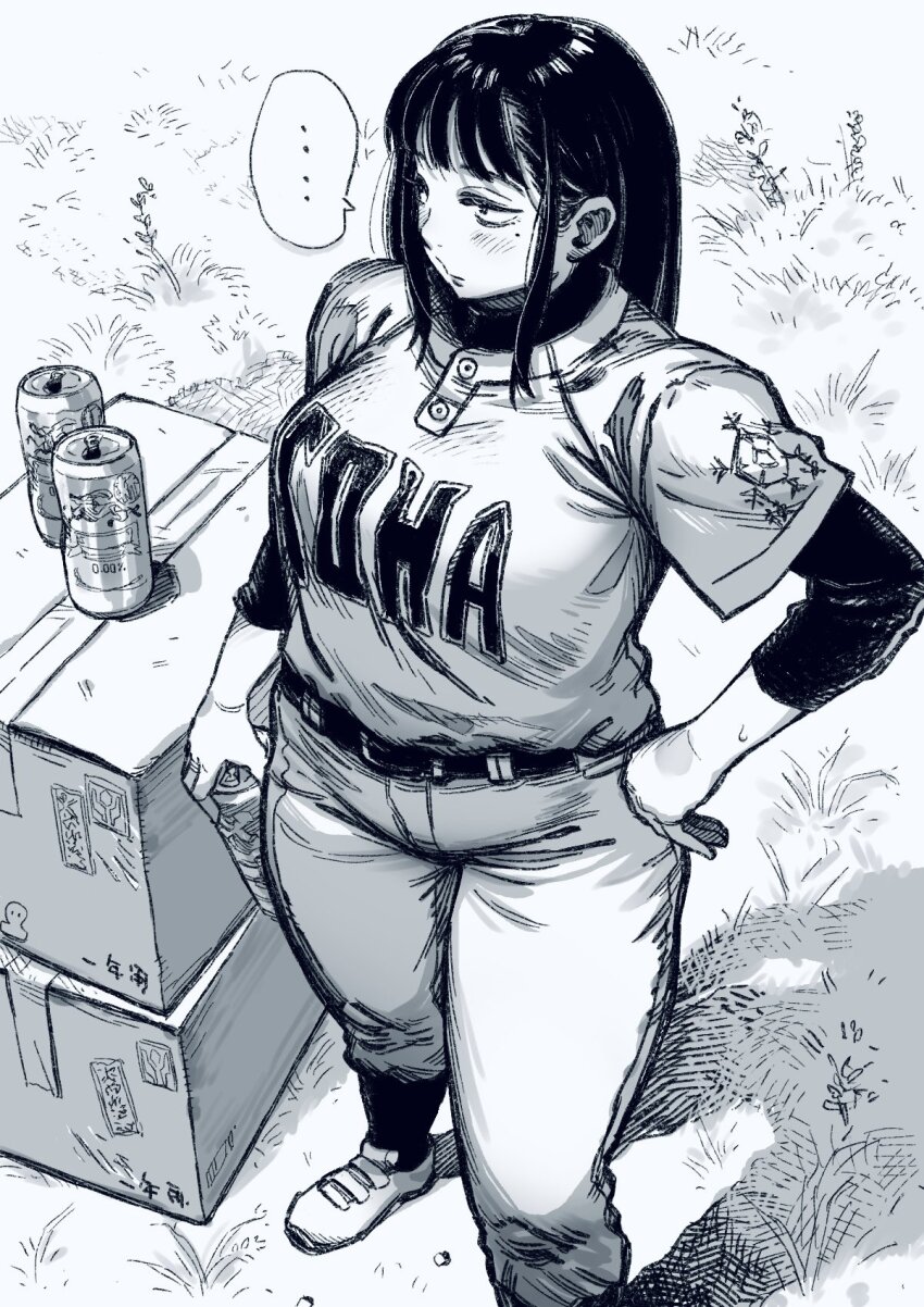 ..., 1girl, agawa_minako, baseball_jersey, baseball_uniform, belt, blush, box, box_stack, breasts, can, cardboard_box, closed_mouth, clothes_writing, commentary_request, drink_can, enim0chi, foot_out_of_frame, from_above, grass, greyscale, hand_on_own_hip, highres, holding, holding_can, jersey, kirin_(company), layered_sleeves, long_hair, long_sleeves, mature_female, mole, mole_under_eye, monochrome, non-alcoholic_beer, outdoors, pants, print_shirt, sanpaku, shirt, shirt_tucked_in, shirt_under_shirt, shoes, short_over_long_sleeves, short_sleeves, sidelocks, sneakers, socks_over_pants, solo, speech_bubble, spoken_ellipsis, sportswear, standing, sankyuu_pitch