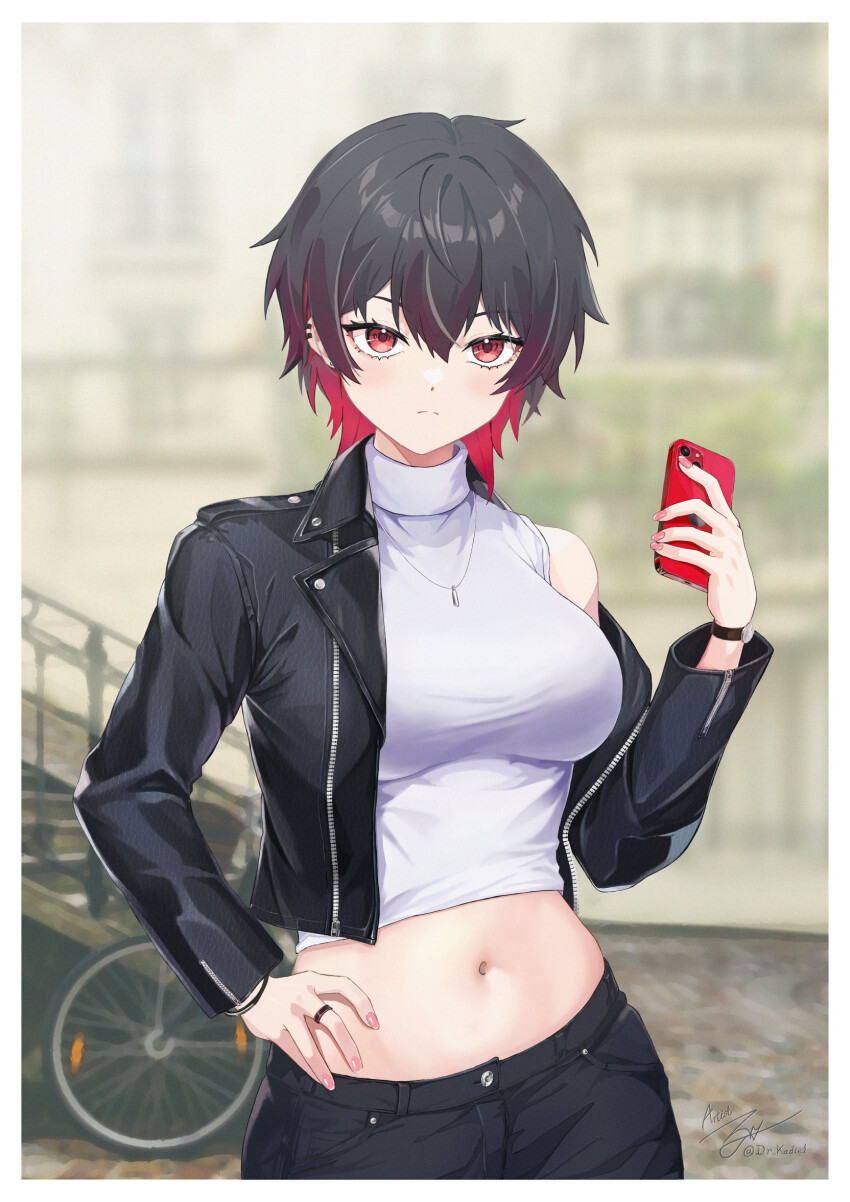 1girl, bicycle, black_hair, black_jacket, black_pants, blurry, blurry_background, breasts